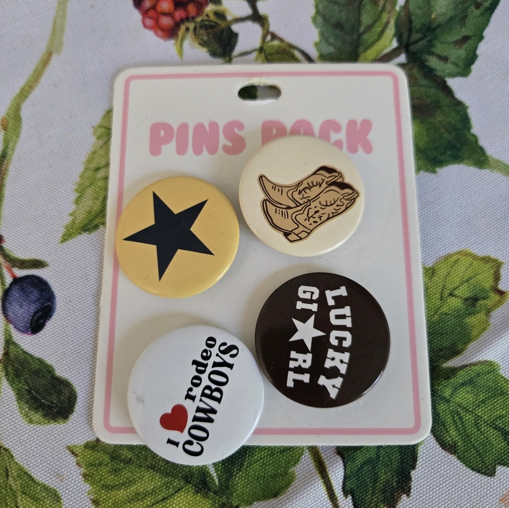 Western Theme Pin Set with Star and Cowboy Designs 1 1/4" round pins